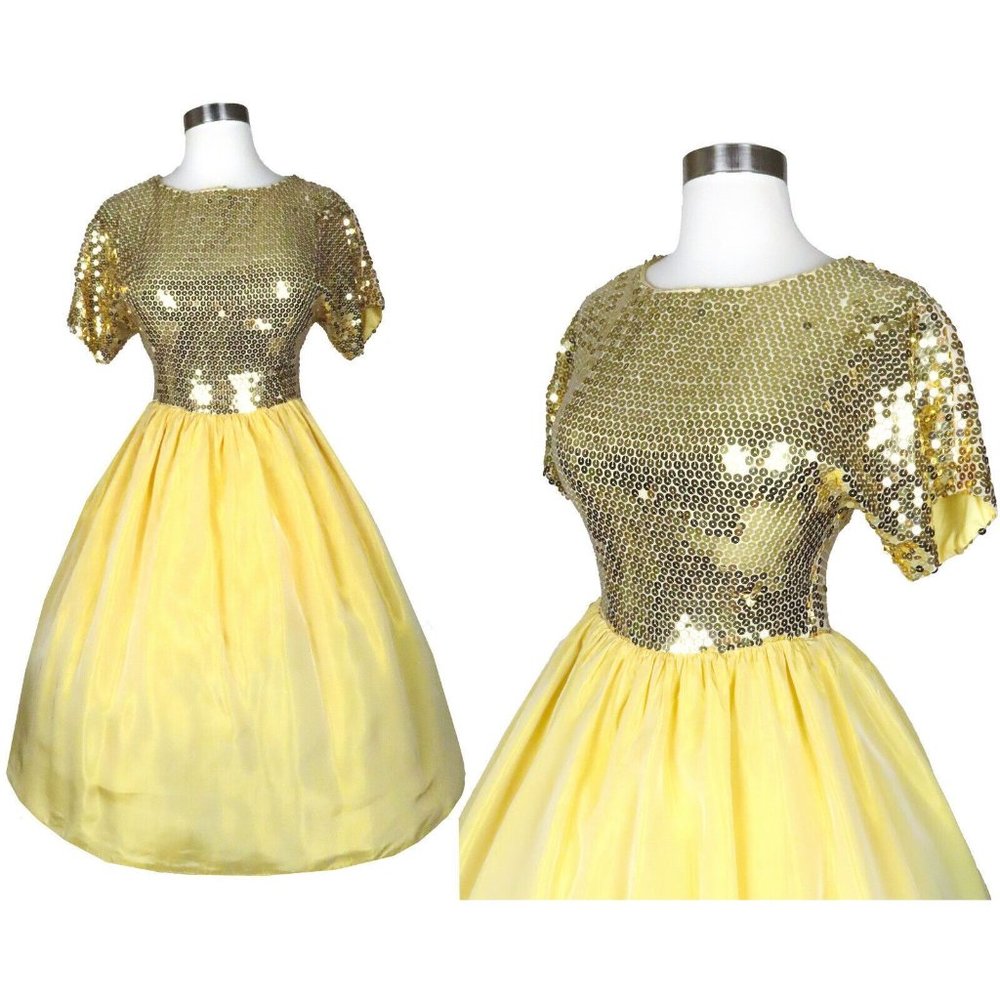 Vintage 80s 50s Gold Metallic SEQUIN Yellow Full Skirt Prom Party Dress S Small